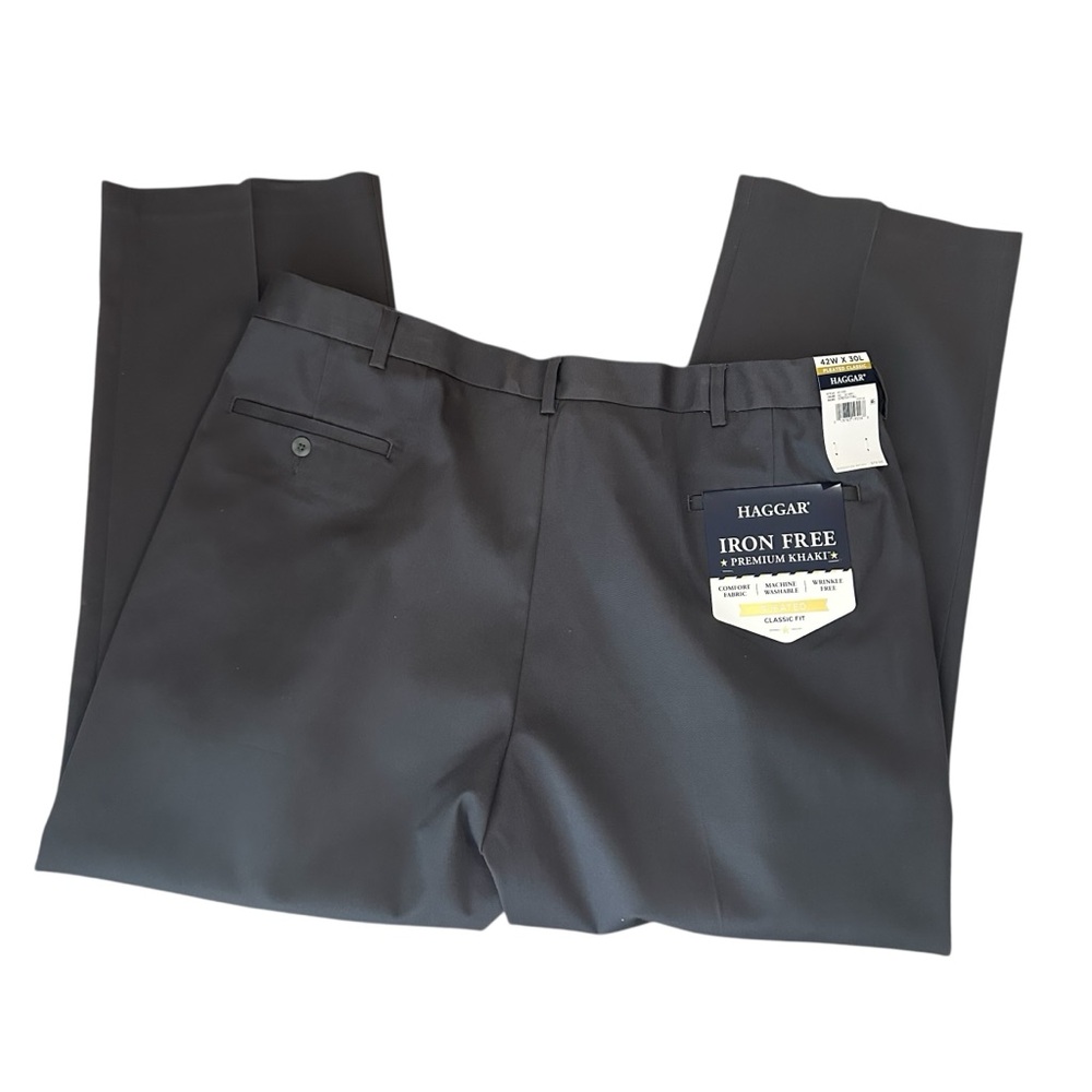 Haggar Men’s Iron Free Premium Pleated Classic Dark Grey Dress Pants 42 x 30